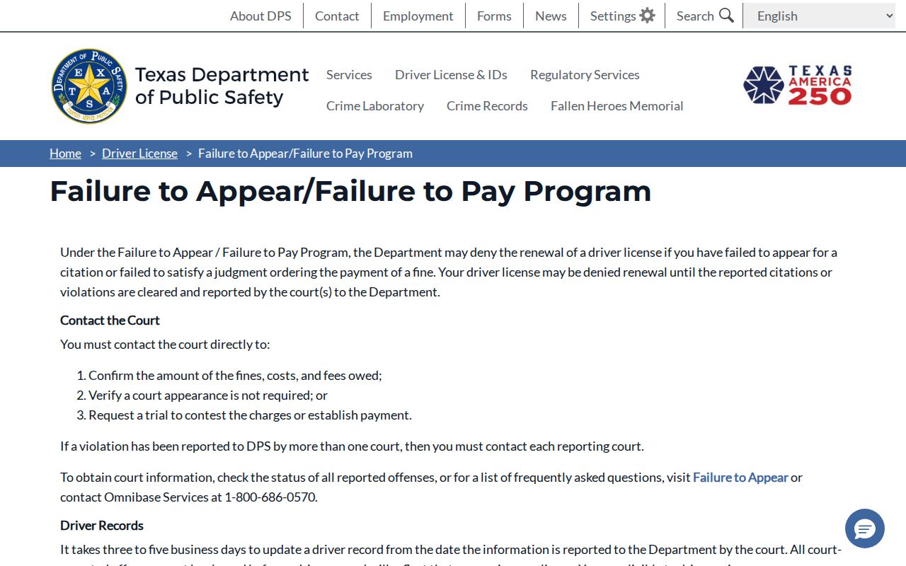 Texas DPS failure to appear and failure to pay program information